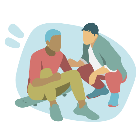 Illustration of a young person crouching down to speak to another young person sitting on a skateboard. 