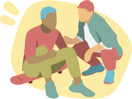 Illustration of two people talking, one sat down on a skateboard and the other knelt down towards them